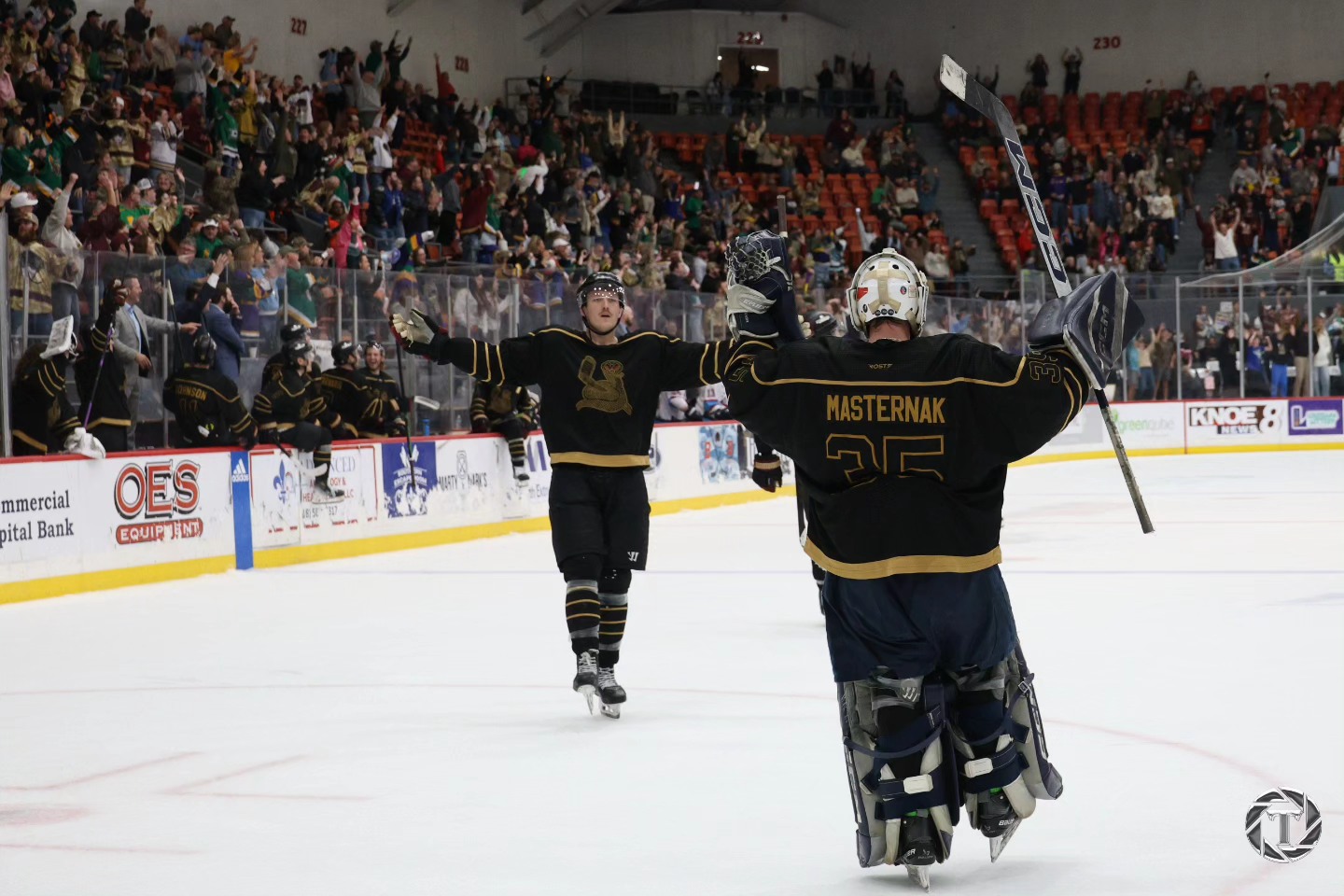 Two hockey players skating toward each other.